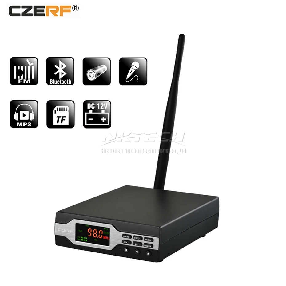 

CZE-01B CZERF PLL Stereo FM Transmitter Bluetooth MP3 Battery TF Card Slot MONO Broadcast Station 0-1W 10-Level Audio Amplifiers