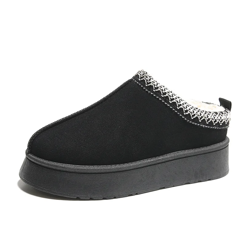 Nuevas botas de nieve de plataforma de felpa corta de piel, chanclas, zapatos de invierno 2024, zapatos casuales de algodón para el hogar, botas planas cálidas, pantuflas tipo mula