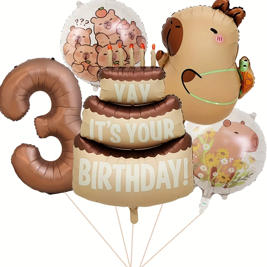 5 stücke Cartoon Tier Capybara Thema Geburtstag Kuchen Folie Ballon Kinder Geburtstag Party Kaffee Anzahl Ballon Baby Dusche Geschenke – Detail 5
