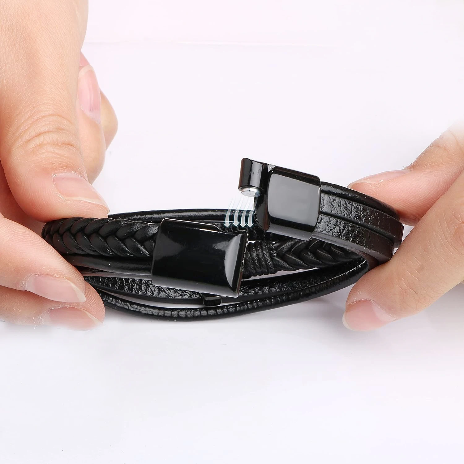 thumbnail image 2 of Jewbelet Mens Leather Bracelet With Clasp Cowhide Multi-Layer Braided Leather Mens Bracelet (Black 2 of 9