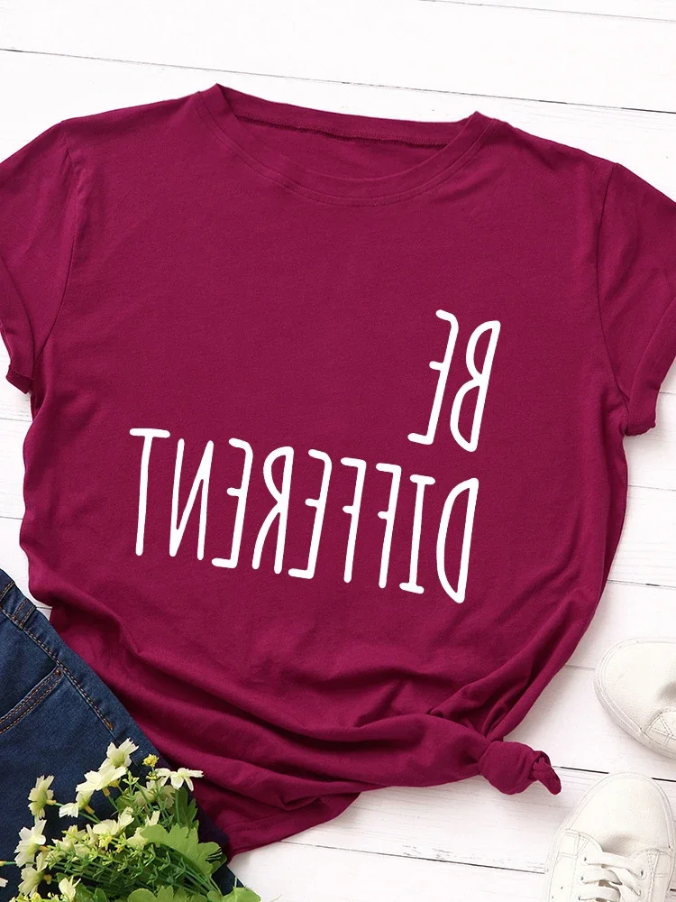 Be Different Upside Down Letter Print T Shirt Women Short Sleeve O Neck Loose Tshirt Women Causal Tee Shirt Tops Camisetas Mujer