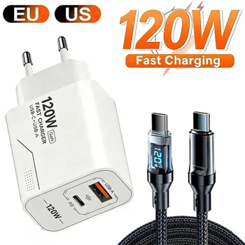Caricatore GaN 120W a 2 Porte Tipo C, Adattatore da Parete per Ricarica Rapida USB-C, Spina US/EU, Compatibile con iPhone, Samsung, Xiaomi