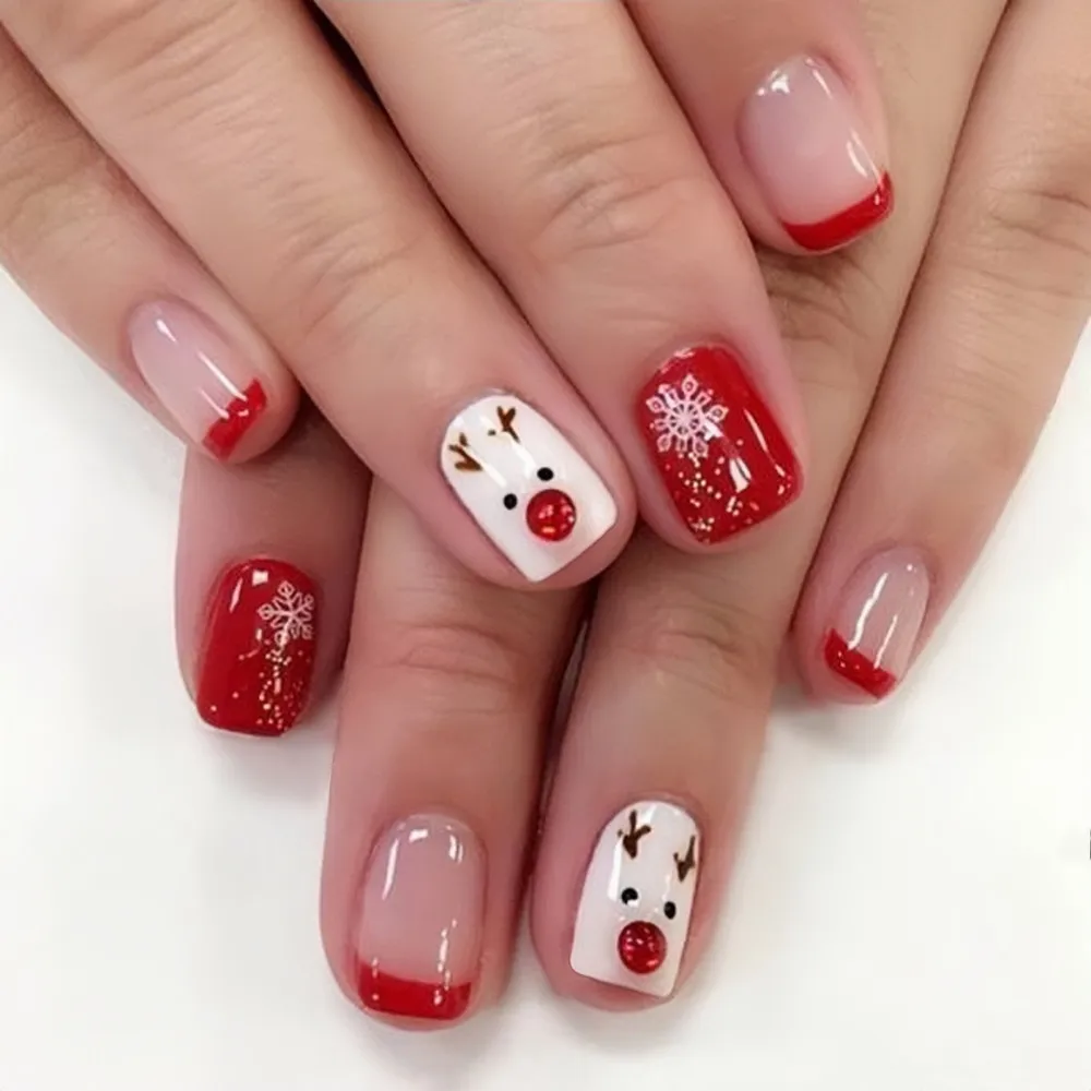 

Christmas Press On Fake Nails For Children Artificial Short Square False Nails With Design Snow Deer DIY Lady Manicure Tool