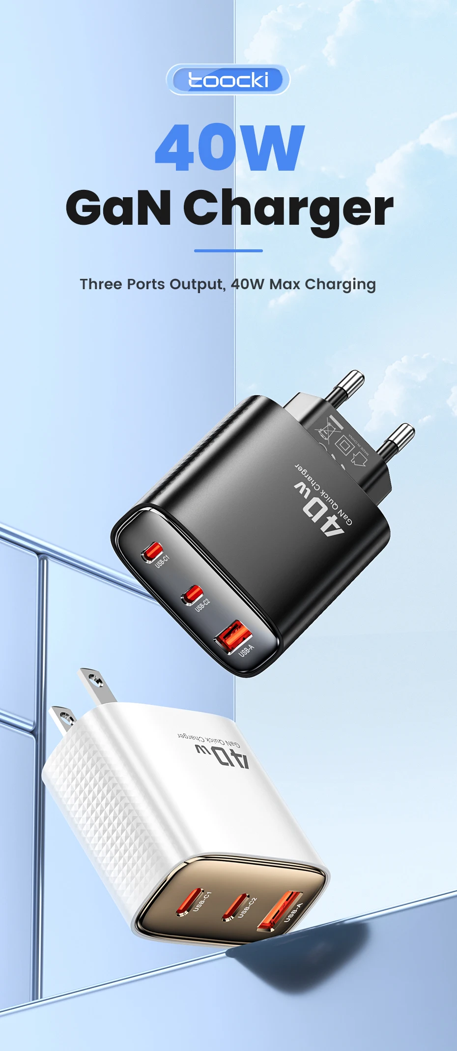 Toocki 40W GaN USB Charger Type C QC 4.0 Quick Charge Dual Type C Fast Phone Charger For iPhone 15 14 13 12 Pro Max Samsung S23