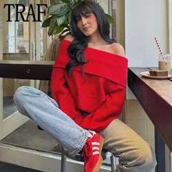 TRAF Off Shoulder Sweater Women Pullover Red Knitted Sweater Woman Winter Long Sleeve Knit Top Fashion Women Sweaters 2023