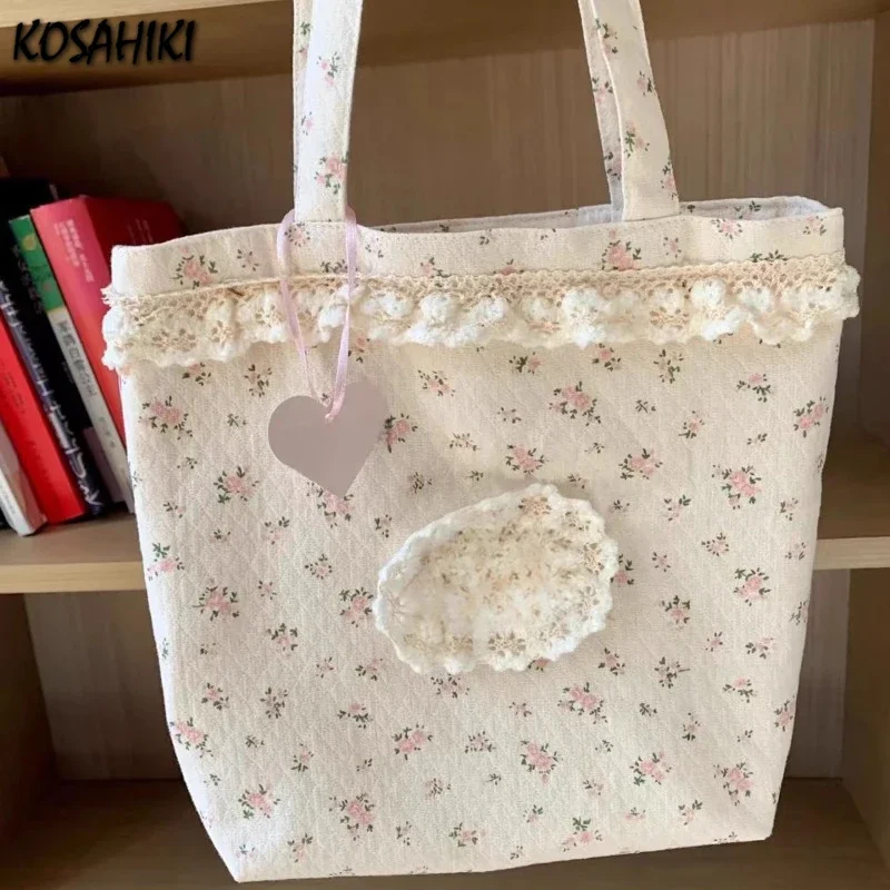 

Korean Ins Sweet Flower Print Shoulder Handbags Women All Match Canvas Underarm Bag Casual Y2k Aesthetic Tote Bags High-capacity