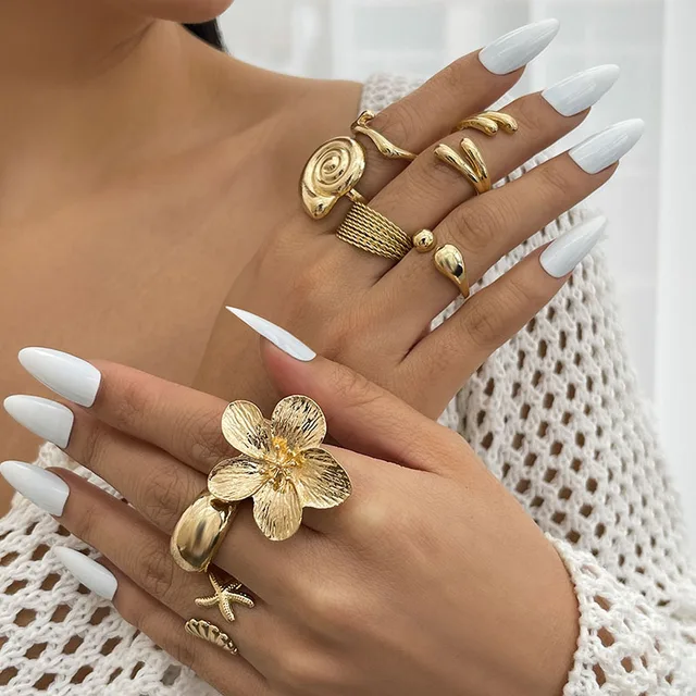 Bohemian Vintage Gold Color Open Joint Ring For Women Vacation Beach Style Flower Starfish Knuckle Rings Set Jewelry 2