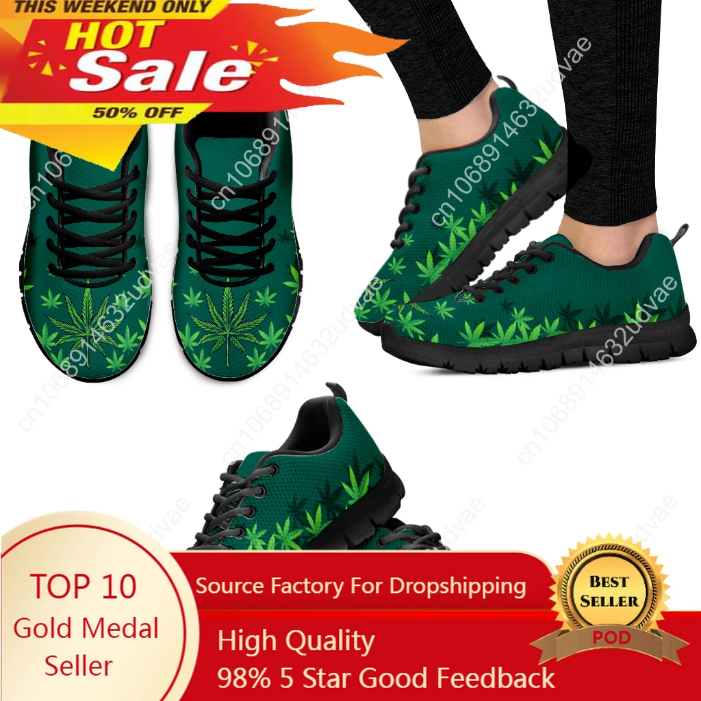 Spring Autumn Soft Warm Flat Shoes Green Weed Leaves 3D Printed Women Casual Sneakers Lace up Footwear Zapatillas