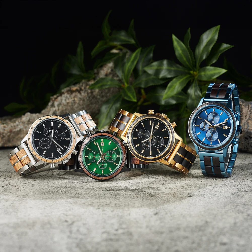 BOBO BIRD Men's Wooden Watch Classic Blue Military Chronograph New Top Quartz Wristwatch Japanese Movement Great Gift Box Custom
