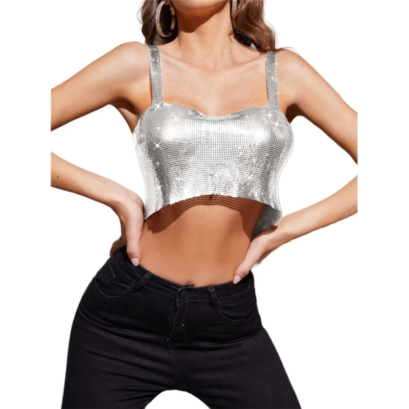 

Women Glittering Metallic Sequins Chain Sexy Backless Body Jewelry Crop Top