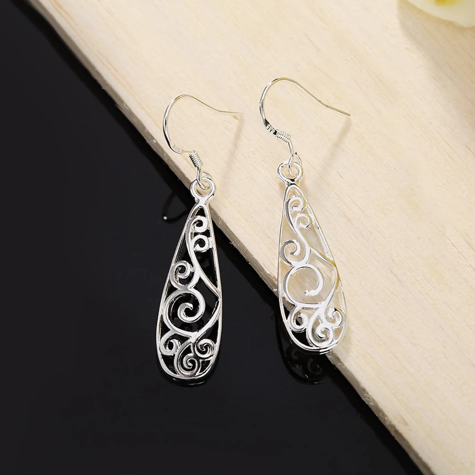 Heißer Verkauf 925 Sterling Silber geschnitzte Tropfenform Ohrringe Damen Modeschmuck Weihnachtsgeschenke Party Vintage lange Ohrringe – Detail 5