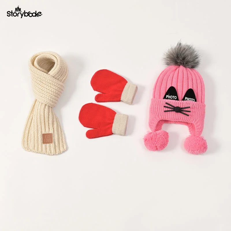 Hat scarf gloves Baby hat scarf gloves three-piece set Autumn/winter children's woolen hat boy/girl cartoon cat beard