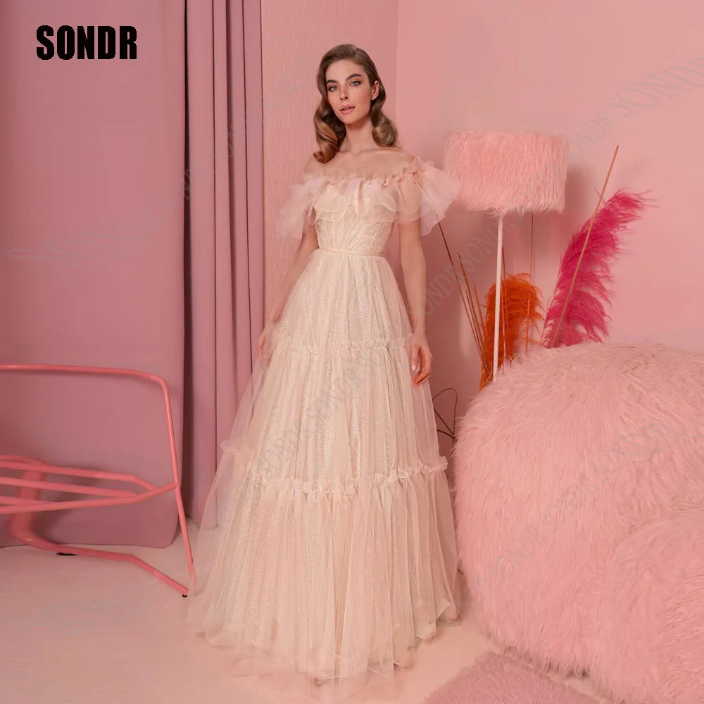 

SONDR Sipmle Modest Off Shoulder Lace Tulle A Line Wedding Dress For Woman Strapless Bride Dresses Long Pleated Bride Gown 2024