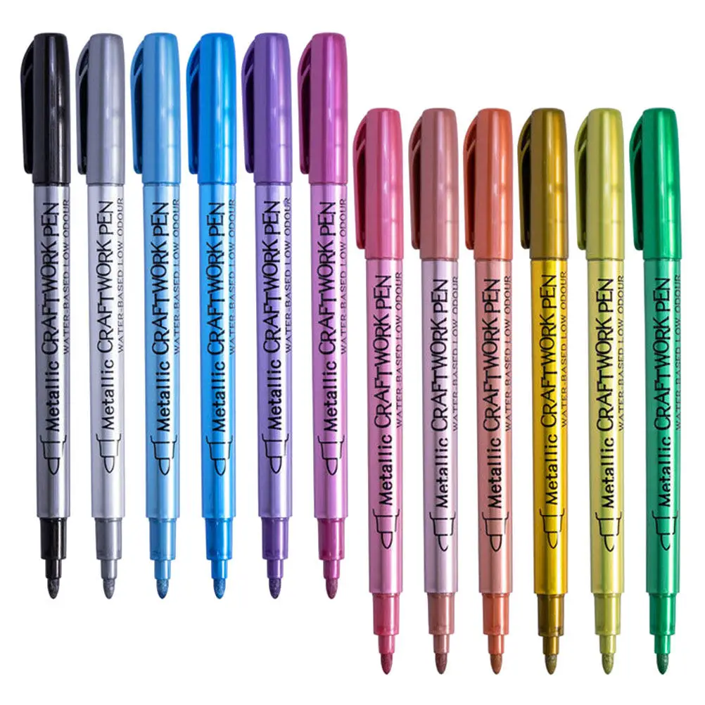 12Pcs 메탈릭 컬러 페인트 펜 오일 기반 빠른 건조 영구 마커 직물 목재 금속 플라스틱 표면 예술가 공예가용