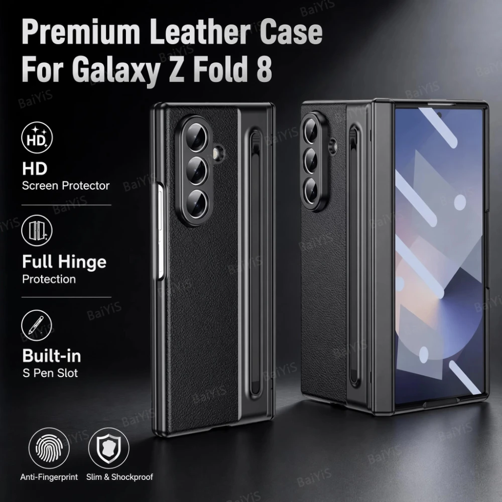 360° Folding Flap Leather Phone Case with Pen Groove and Tempered Glass Film