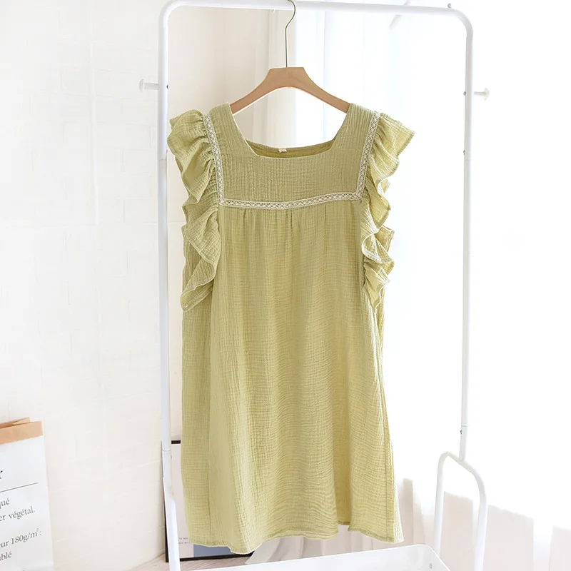 New Summer Women'S Skirts 100% Cotton Crepe Nightdress Lotus Leaf Sleeve Long Skirt Thin Home Skirt Summer Plus Size Nightgown