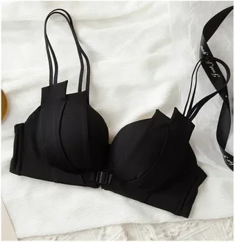 Sexy Front Button Underwear Women's Small Chest Gathered No Steel Ring Comfortable Anti-sagging Breasts Beautiful Back Black Bra 1