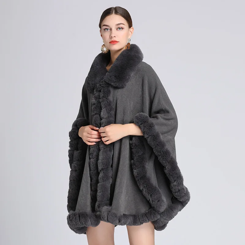 Black Winter Turn-down Faux Rabbit Fur Neck Women Overcoat Cape Thick Loose Shawl Coat Long Big Pendulum Streetwear Cloak