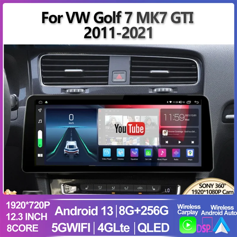 

For VW Golf 7 MK7 GTI 2011 - 2021 layar 12.3 inch Radio Video mobil Android 13 Auto Stereo GPS Multimedia Carplay GPS Navigation