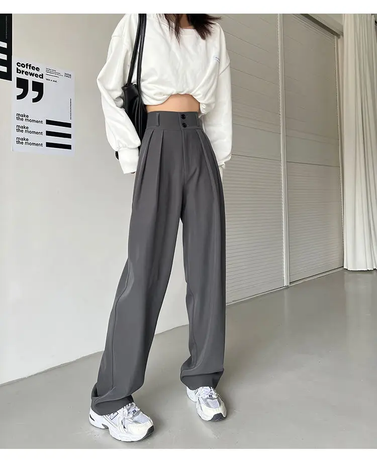 Yitimoky Woman Pants High Waisted 2 Buttons Pleated Trousers Baggies Full Length Office Ladies Work Black Gray Vintage Bottoms adidas pants