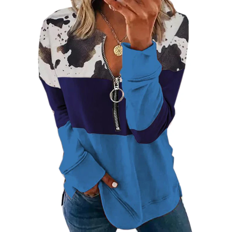Fashion Women Zipper Sweatshirts Spring Autumn Long Sleeve Casual Loose Patchwork Pullovers Chic Printed Tops Blusas Female 5XL