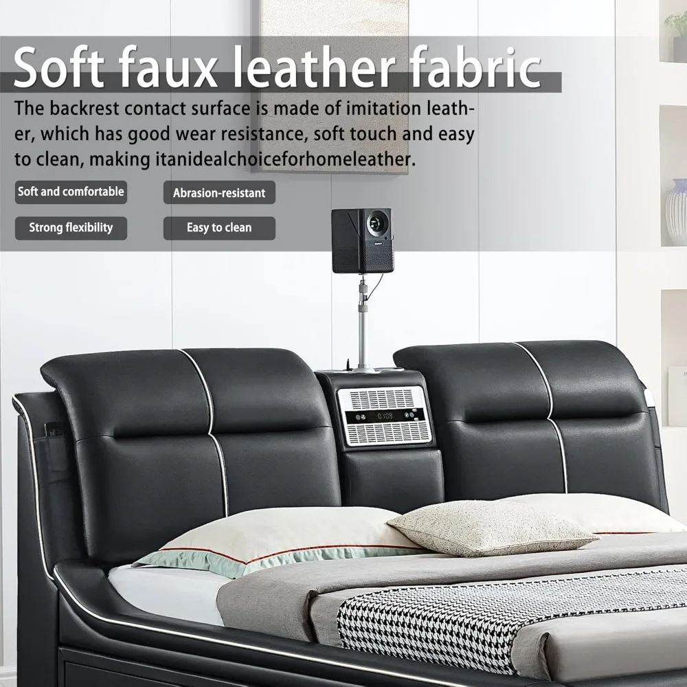Multifunctional King Size Bed Frame, 720P Projector/Air Purifier/Massage Function/Music Speaker/USB Port/Storage Drawers 4