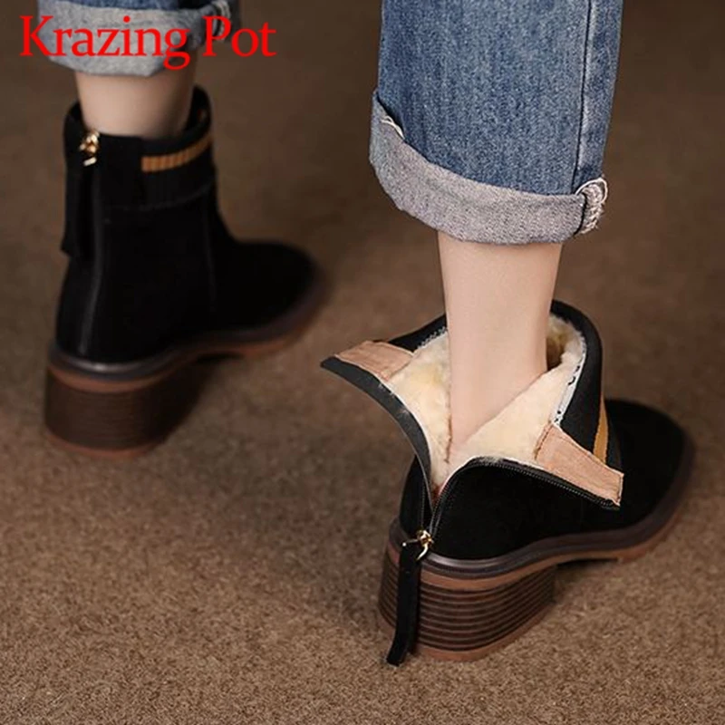 

Krazing Pot Wool cow suede Square Toe Thick High Heels Snow Boots cold-resistant Fur Beauty Sewing Thread zipper Ankle Boots