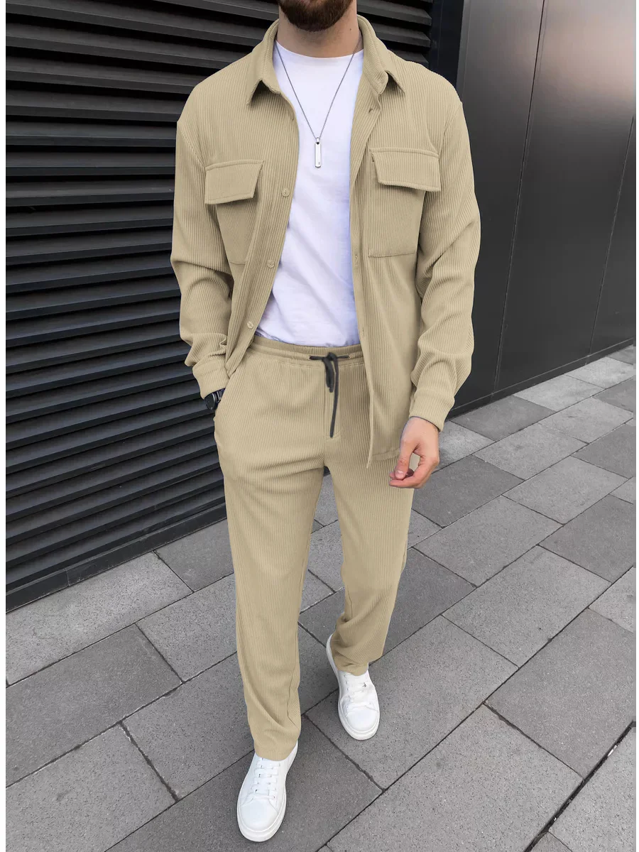 2025 Men's simple new front buckle lapel double pocket long sleeve two-piece casual sports solid color striped fashion comfortab 2