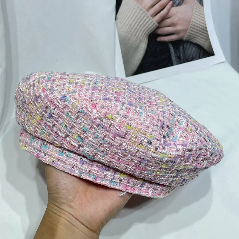 

2023 New little fragrant pink beret sweet cute tweed knit painter hat Fashion French travel visor Bud hat
