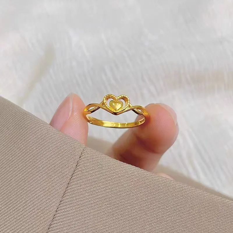 Au999 Yellow Gold Heart Ring Women Niche Design Heart to Heart Open Finger Ring Light Luxury Stacked Heart Ring 2