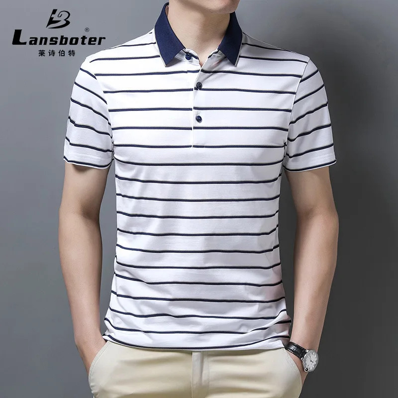 

Summer White 33.1% Mulberry Silk Men's Short-sleeved T-shirt Youth Breathable Sunscreen Top Striped Half-sleeved Polo Shirt