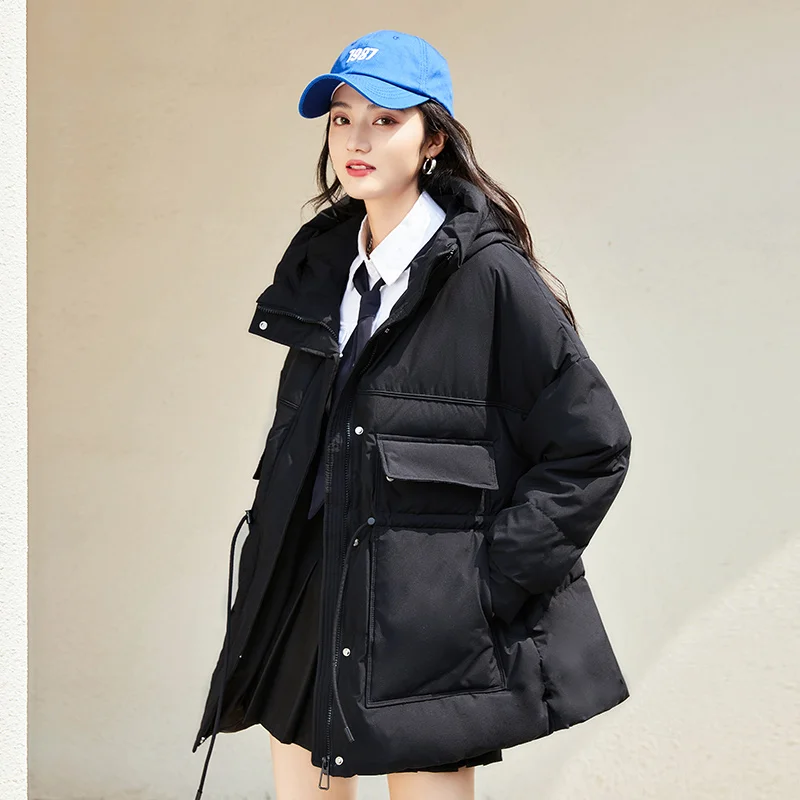 Semir Down Jacket Women Mid-Length White Duck Down Loose Drawstring Slimming 2023 Winter Waist Hooded Thick Down Jacket