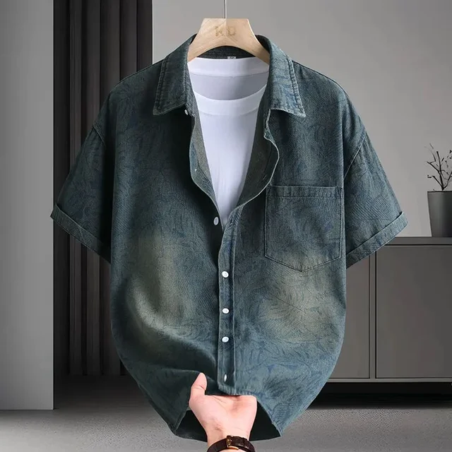 Retro Denim Short Sleeved Shirt for Boys in Summer Thin and Loose Fitting Shirt with a Textured Design All Match Top 1