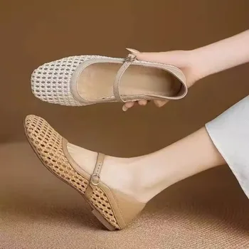 Summer New Woven Flat Shoes for Women Square Toe Mary Jane Shoes Casual Hollow Cool Sandals Multifunctional Slippers for Women 1