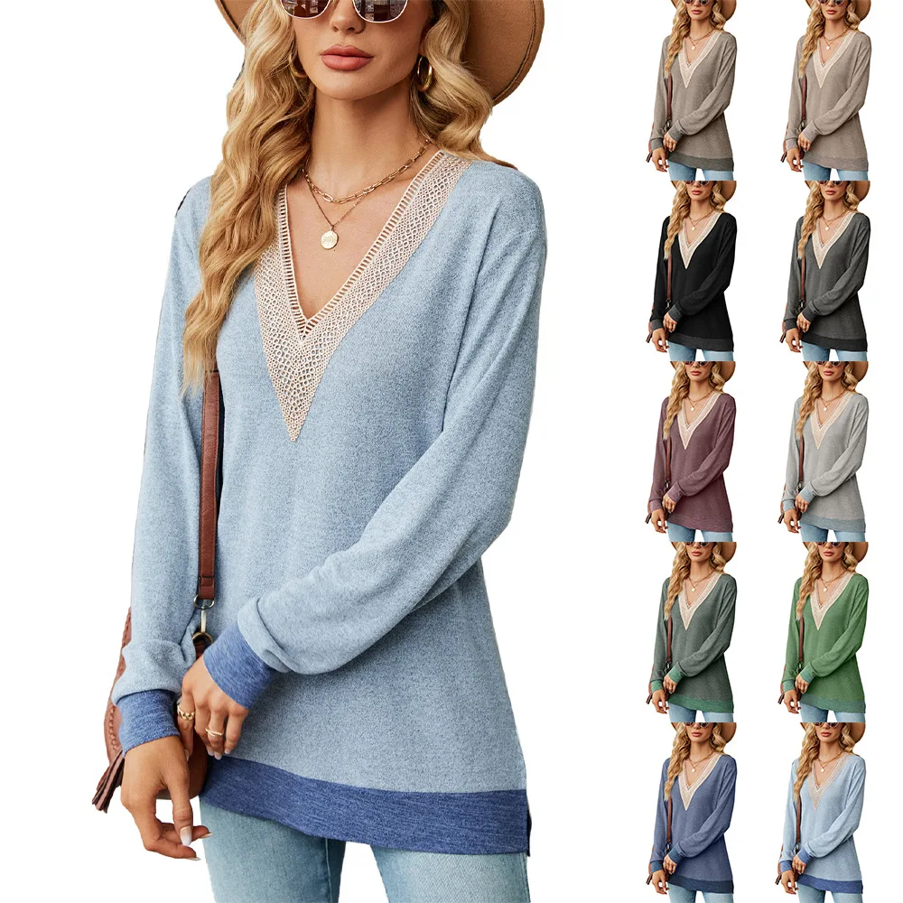 

Autumn and Winter Lace V-neck Contrast Slit Loose Long-sleeved T-shirt Blouse Lady