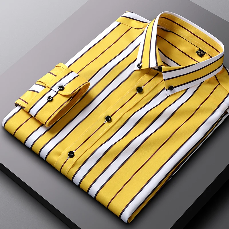 Men Dress Shirt Long Sleeve Striped Iron-Free