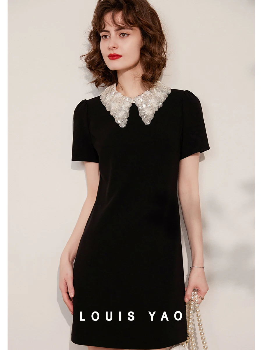 

LOUIS YAO Women Dress Sequin Embroidery Turn Down Collar Dress 2024 Summer Elegant Slim Fit Short Black Dress for Women