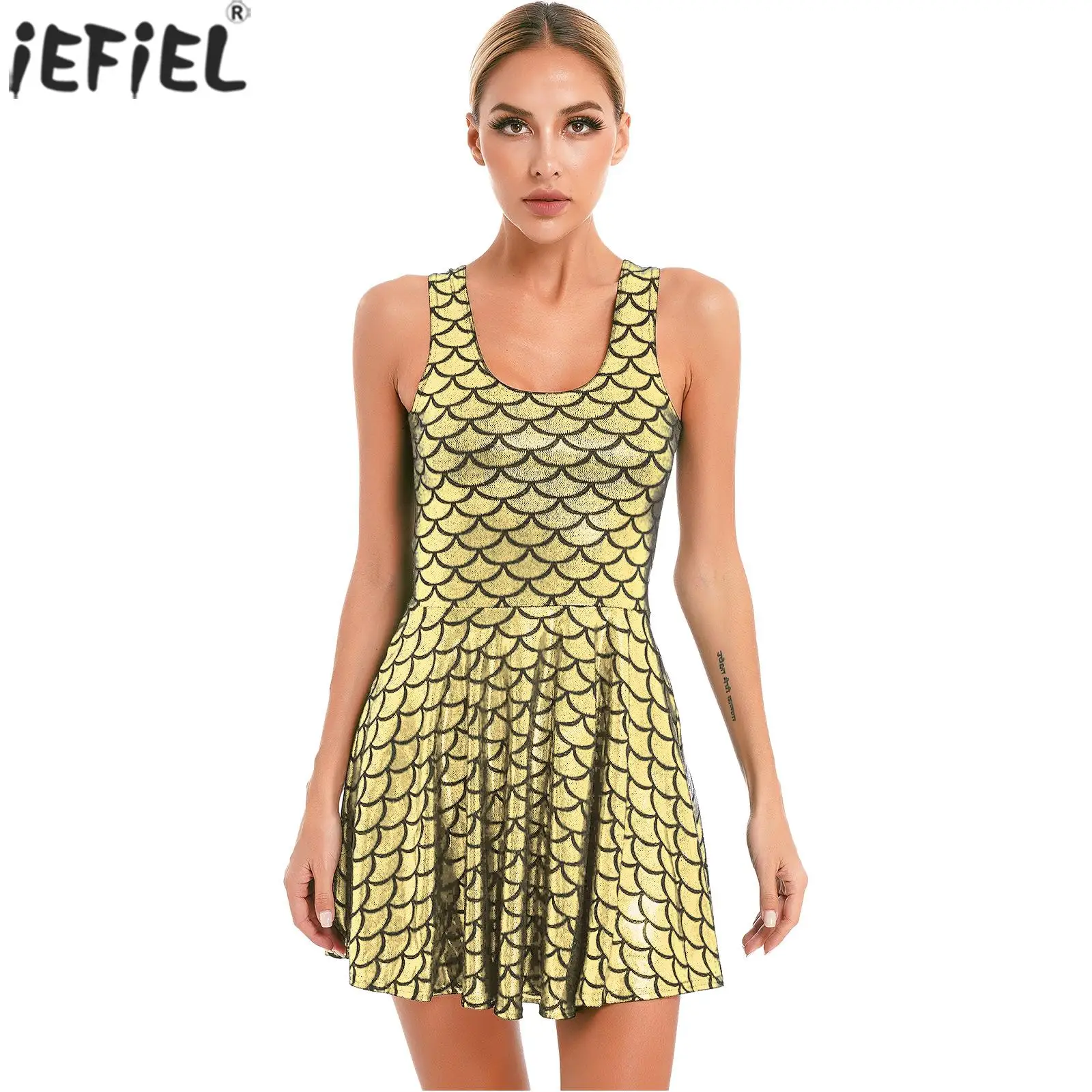 

Womens Metallic Shiny Fish Scale Print Dress Sleeveless U Neck Ruffled Dresses for Nightclub Rave Party Music Festival
