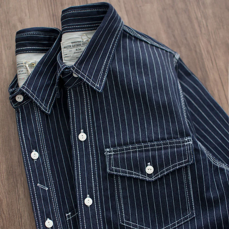 Denim Shirt 12.5oz Heavyweight American Vintage Casual Amekaji indigo Cotton Workwear Tops For Men Youth Male