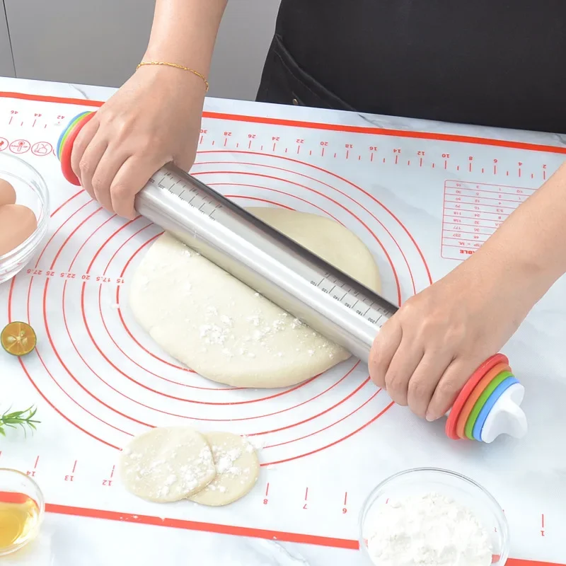 Multi-Function Stainless Steel and Silicone Rolling Pin with Adjustable Thickness Rings and Non-Stick Kneading Mat