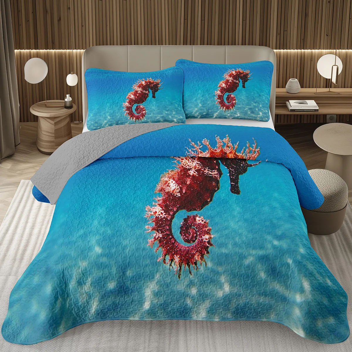 Seahorse Bedspread 퀸 사이즈 3D 해마 인쇄 침구 세트 바다 동물 퀼트 침대보 해양 지중해 스타일 침대 커버