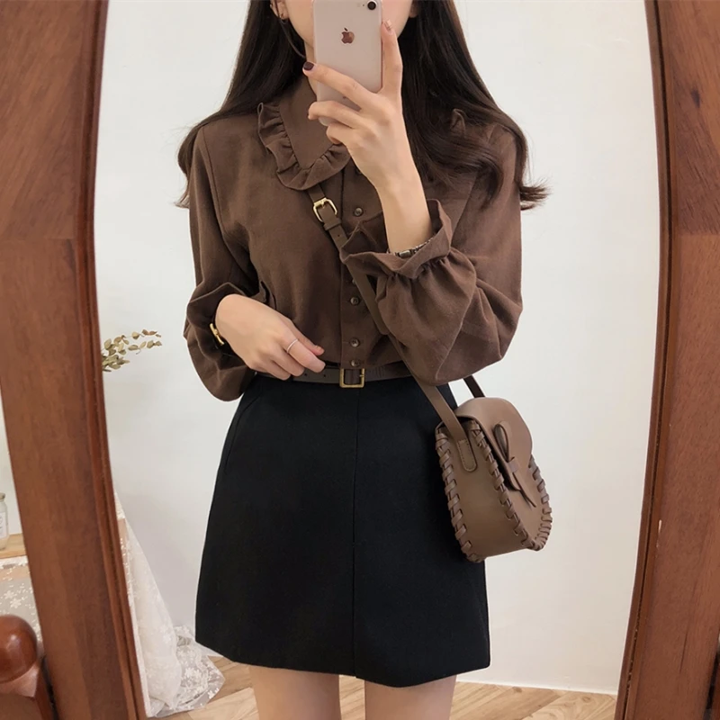 기본 셔츠 블라우스 뜨거운 판매 2019 여성 패션 디자인 한국어 프레피 스타일 플레어 슬리브 피터팬 칼라 화이트 버튼 셔츠