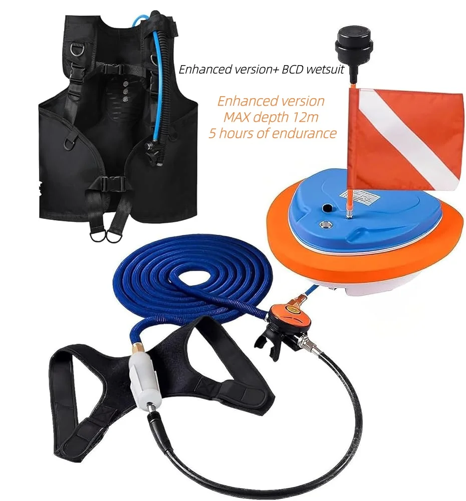 Sistema di ventilazione per immersioni subacquee da 5 ore con montaggio a maschera, Pompa ad aria galleggiante con tubo telescopico da 10 m e regolatore di respirazione 57 litri/min