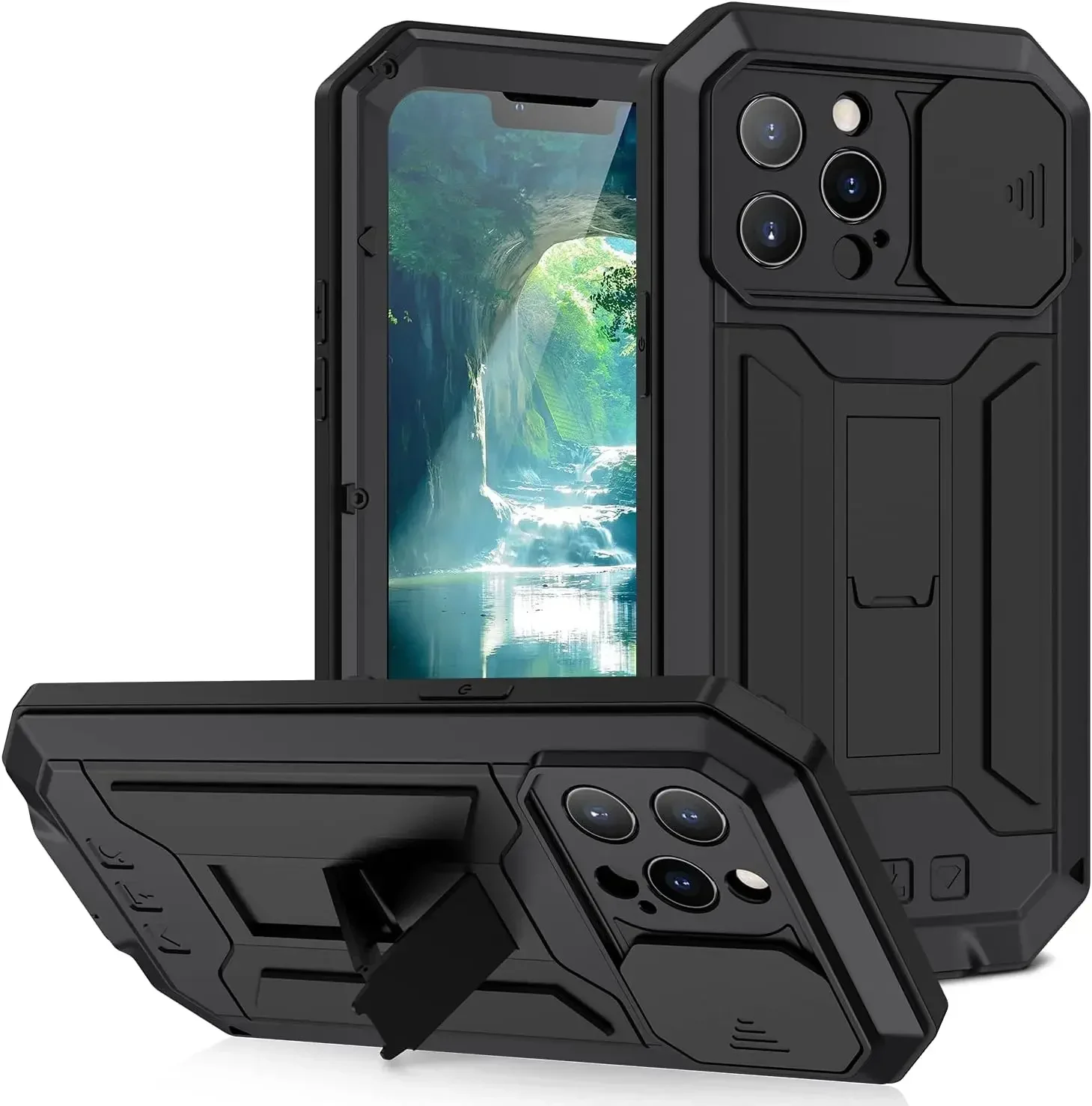 Rugged Aluminum Metal Armor Bumper Phone Case with Shockproof Glass Screen Protector