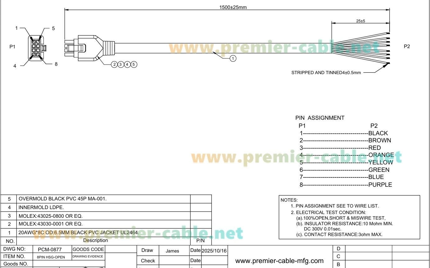 Kompatible Molex 43025-0800 8-Pin Micro-Fit 3.0 Buchse zu Offenes-Enden-Kabel-Set, Doppelreihig, 8 Stromkreise, Strom- und Signalkabel – Detail 1