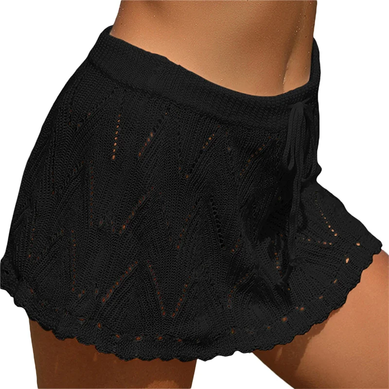 Falda de playa para mujer, de verano, de color liso, con cordón, de cintura alta, de punto, minifalda, traje de baño informal