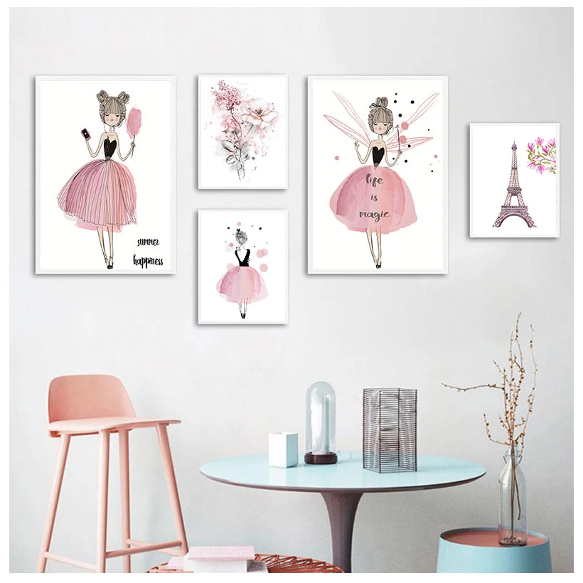 

Акварельные розовые кавайные постеры для девочек, декор для детской комнаты, картины на холсте с цветами, настенные картины, подарки для детской комнаты, домашний декор