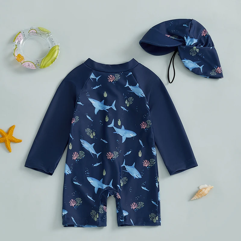 Toddler Infant Boy Rash Guard Swimsuit Shark Print Long Sleeve Half Zip up Bathing Suit Sun Hat 2 Pcs Swimwear Set