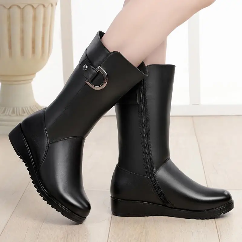 Winter Boots Genuine Leather Female Boots High-heeled Women Long Boots Warm Snow Boots Lady Fashion Non-slip Thick-soled Boots