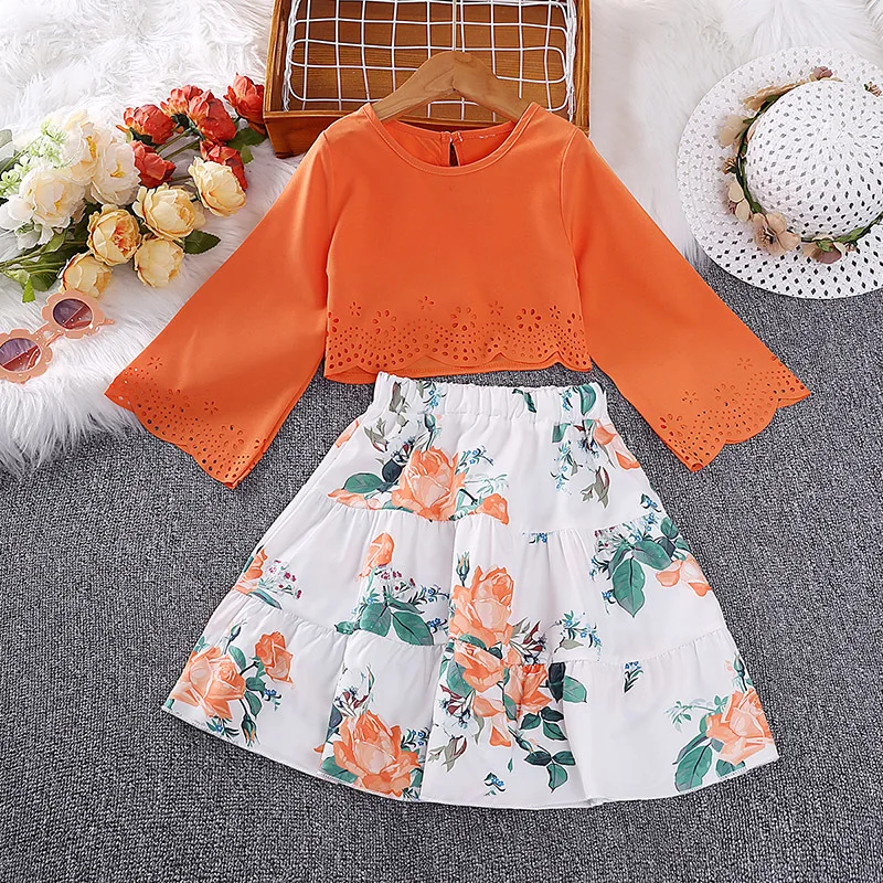 

Larua Kors 2023 Clothing Set Girls Long Sleeve O Neck Print Floral Orange Cute 2 Pcs Sets Casual Girls Clothes Sets 18M-6T